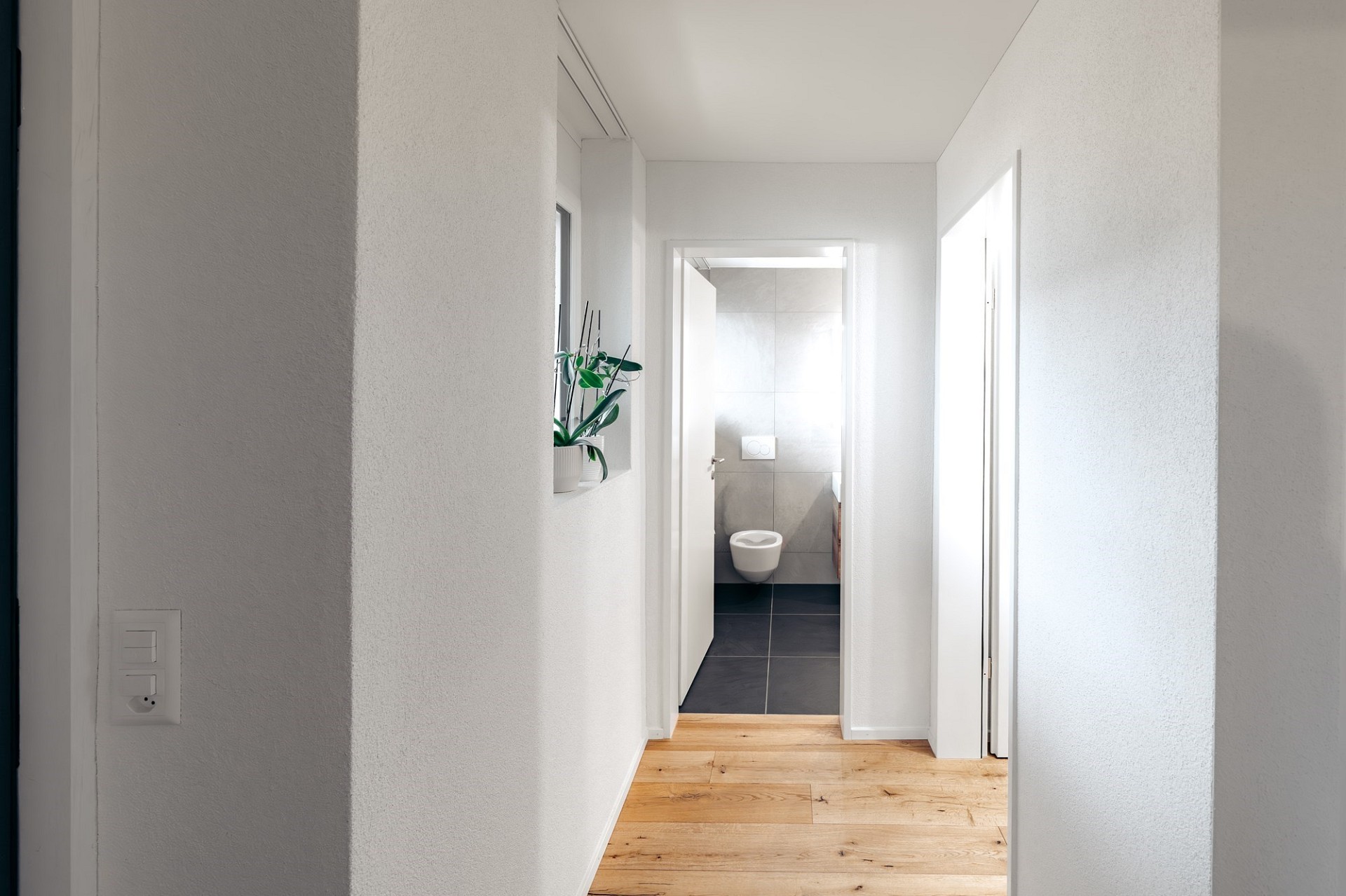 Heller Flur mit Blick in ein WC