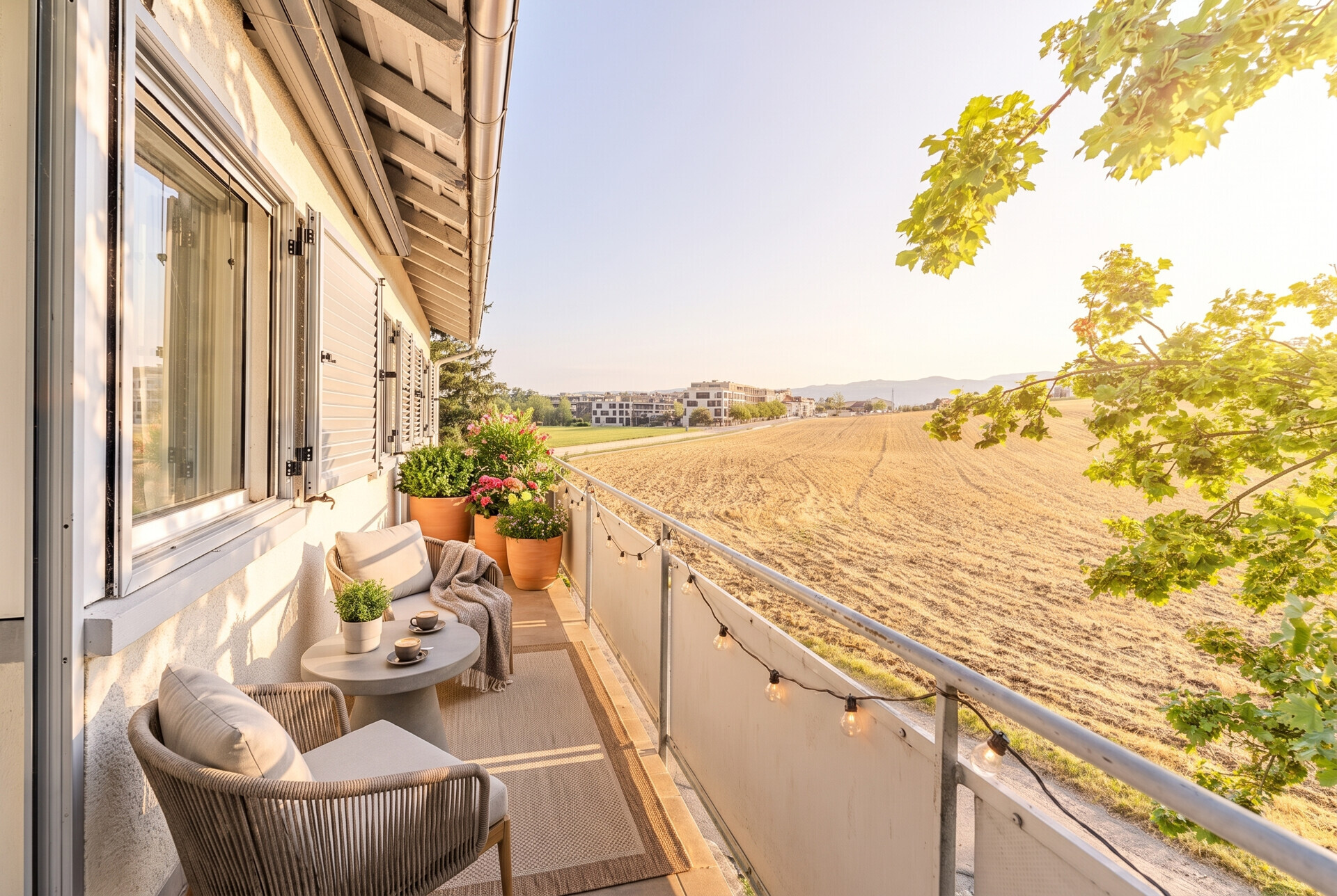 Heller Balkon mit Sitzgruppe und weitem Landschaftsblick