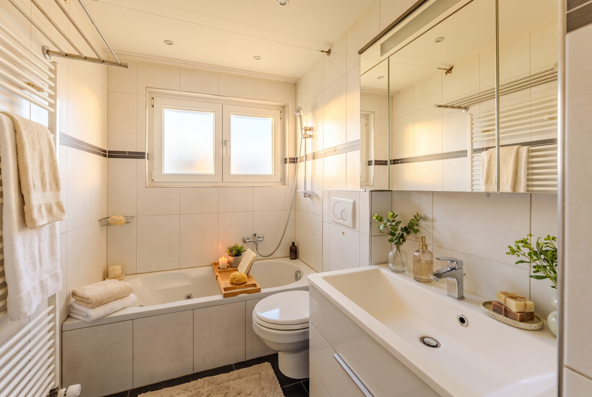 Helles Badezimmer mit Badewanne und Waschtisch