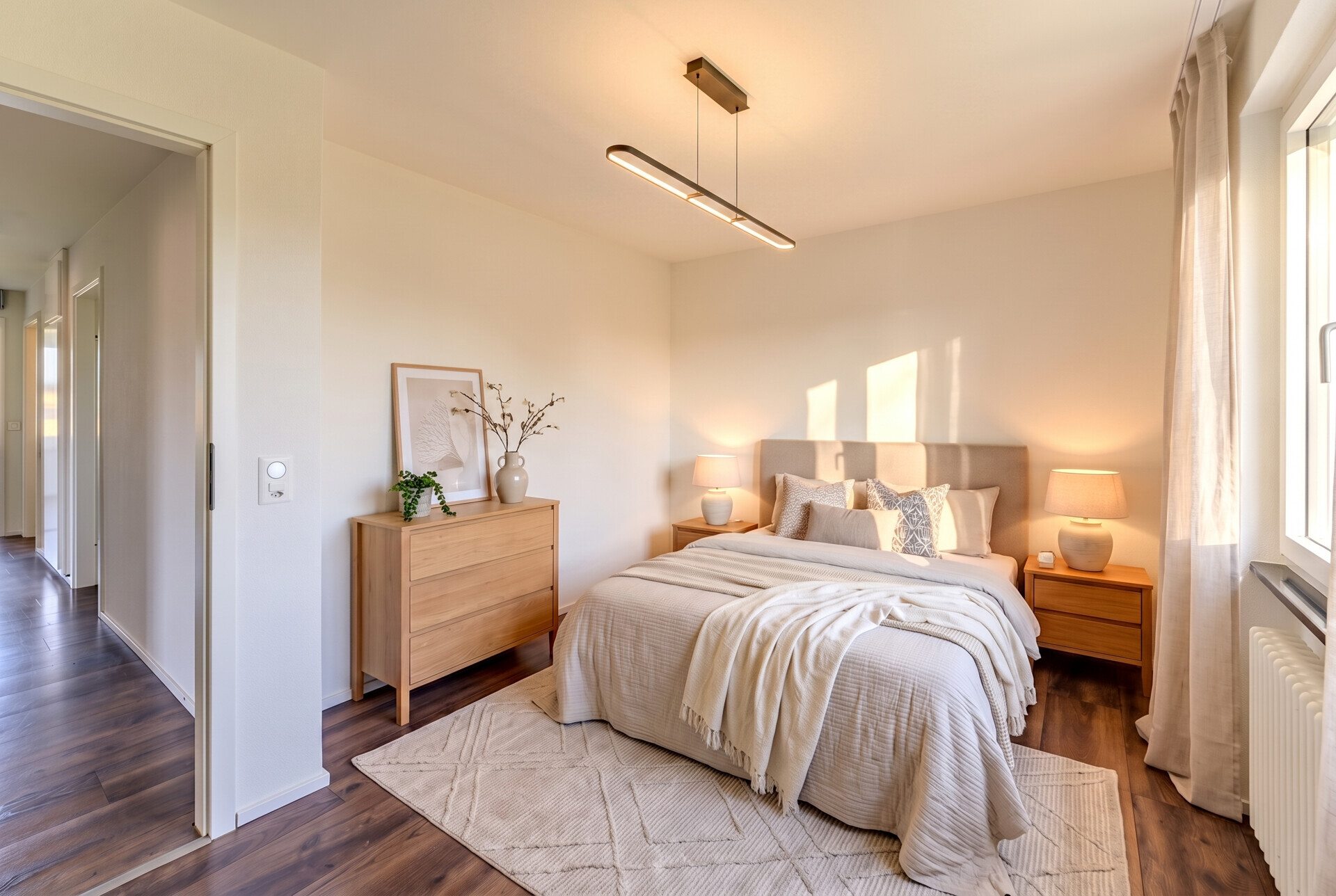Helles Schlafzimmer mit natürlichem Tageslicht