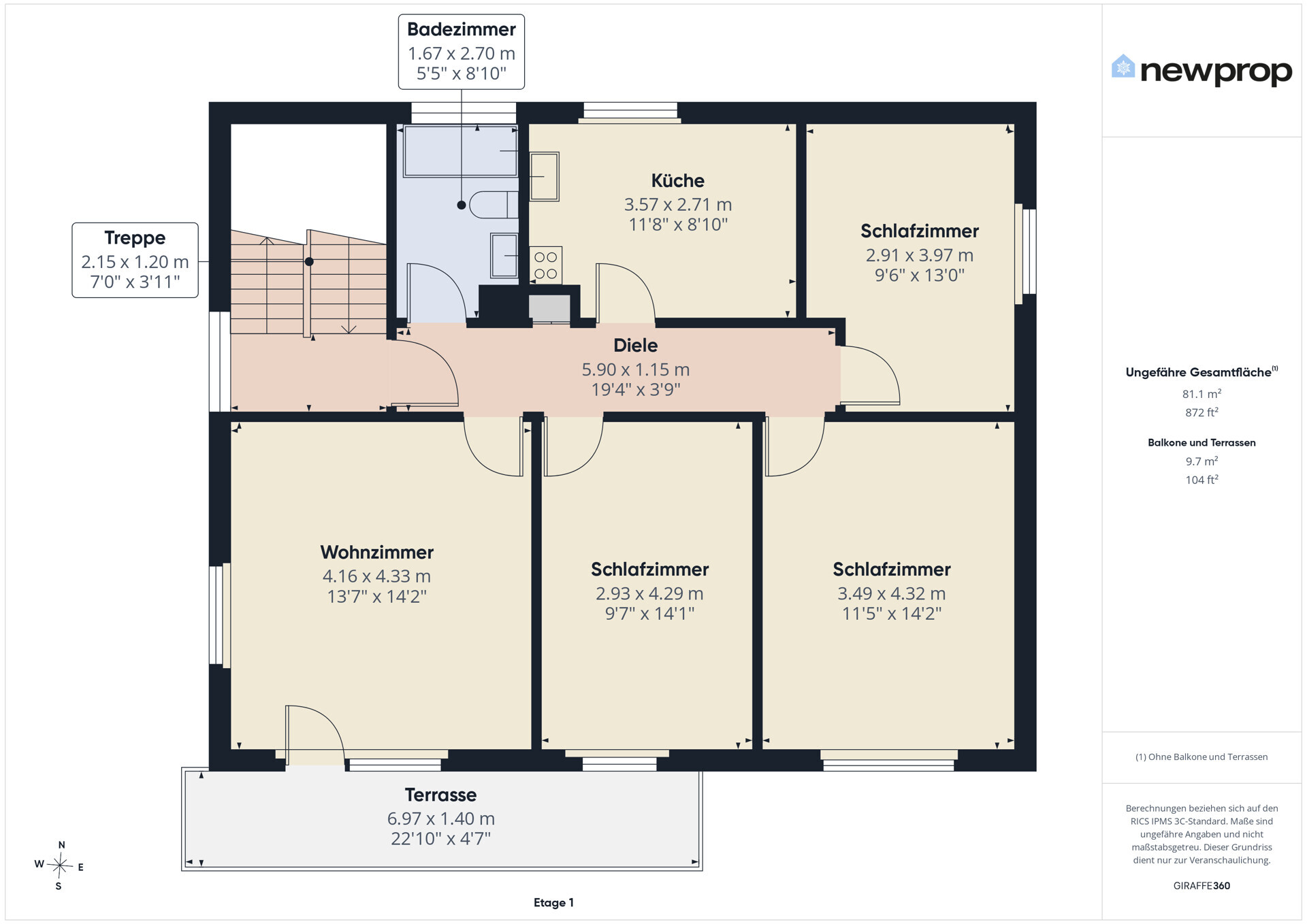 Grundriss einer Wohnung mit Terrasse