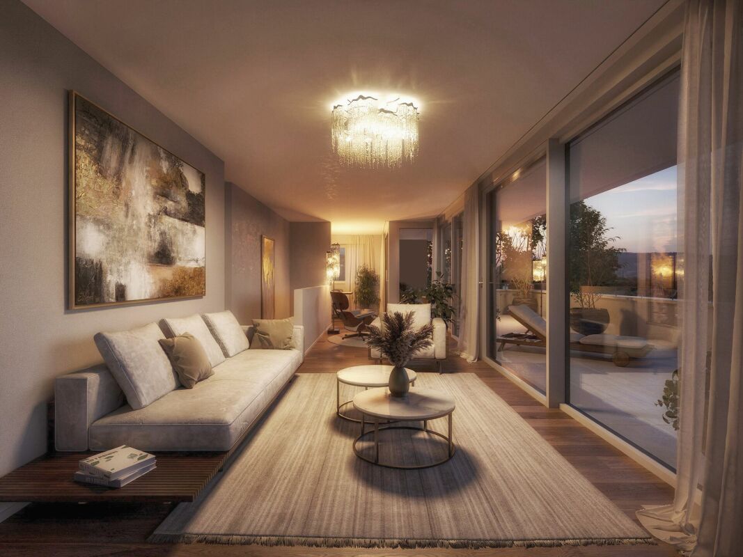 Wohnzimmer mit Balkon und Panorama-Fenstern