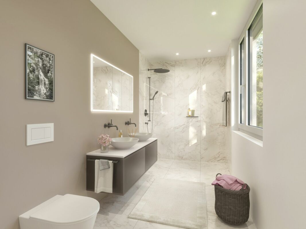 Modernes Badezimmer mit Doppelwaschtisch und begehbarer Dusche