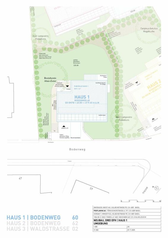 Lageplan eines Wohnhauses mit Garten und Nachbarbebauung