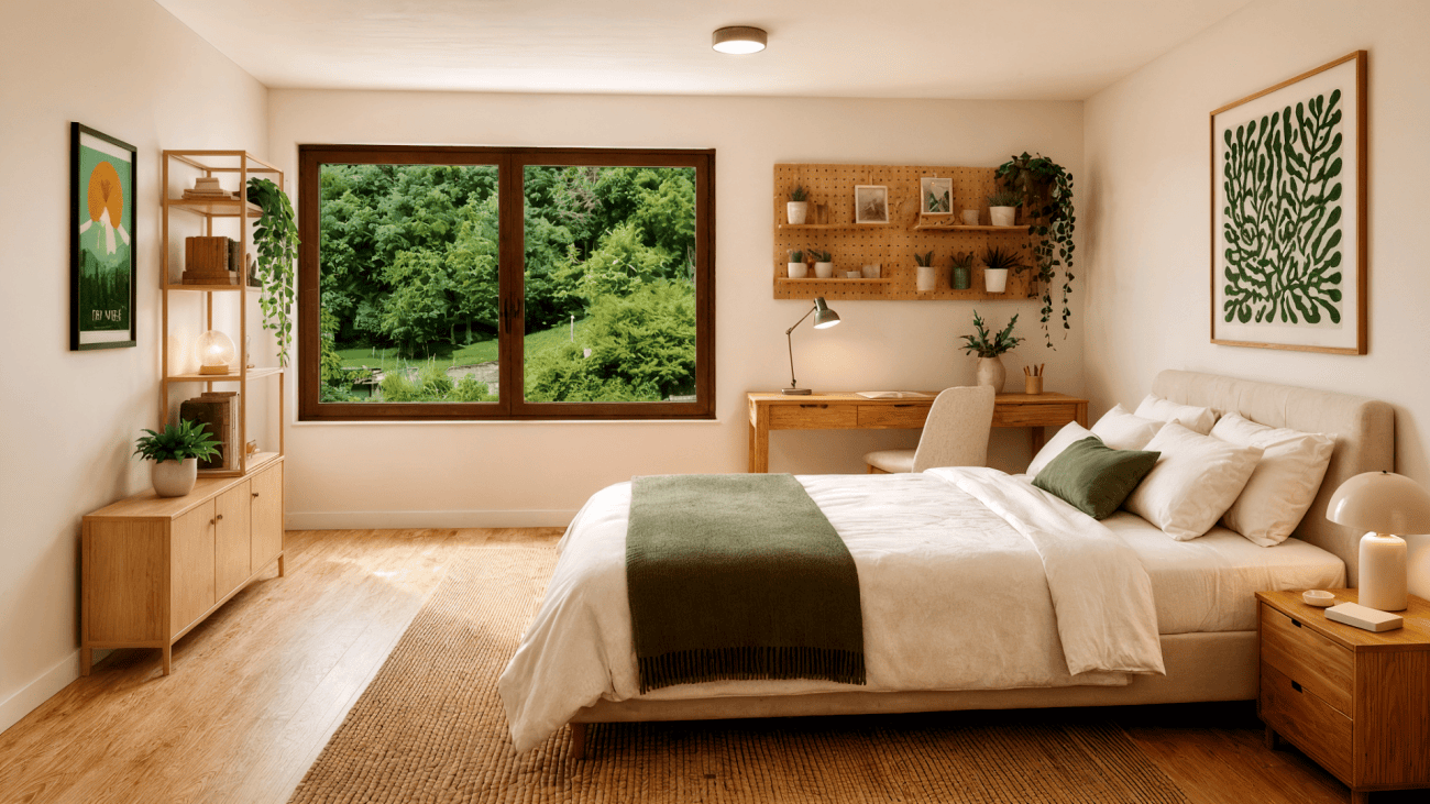Helles, skandinavisch inspiriertes Schlafzimmer mit Naturholz und Grünblick