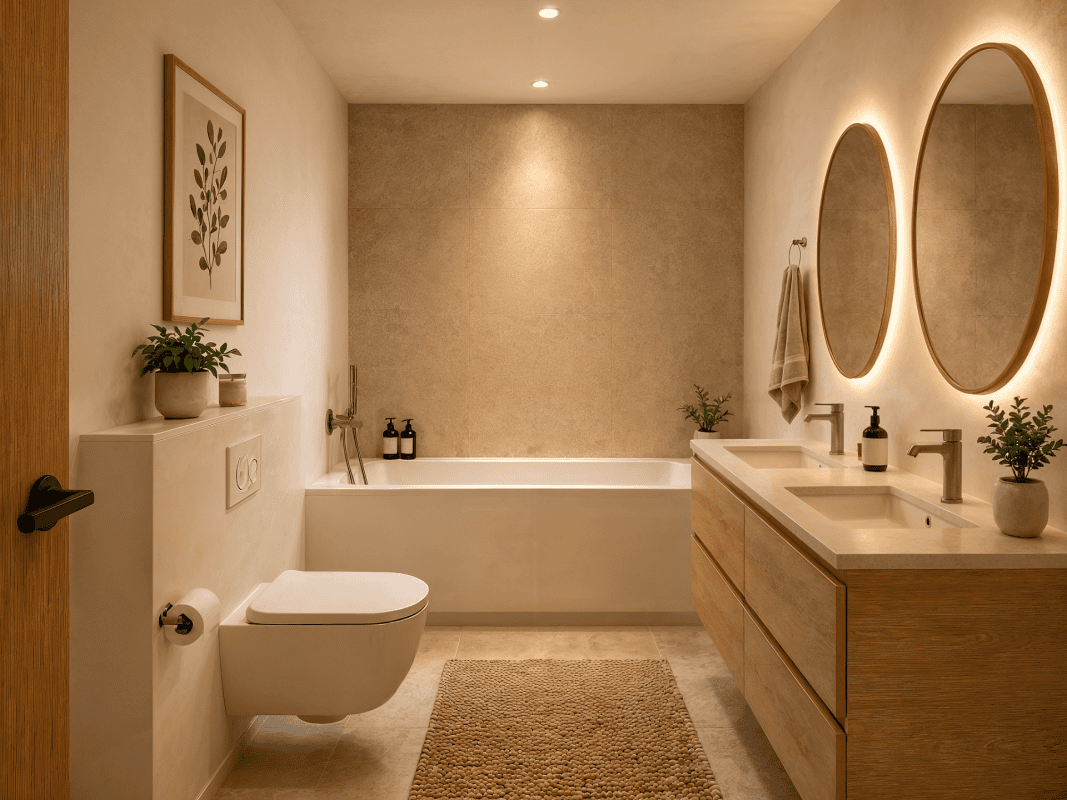 Modernes Badezimmer mit Doppelwaschtisch und Wanne