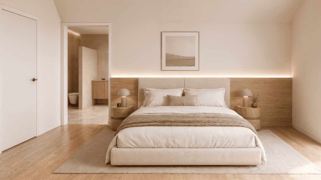 Ruhiges, helles Schlafzimmer in Beige- und Holztönen