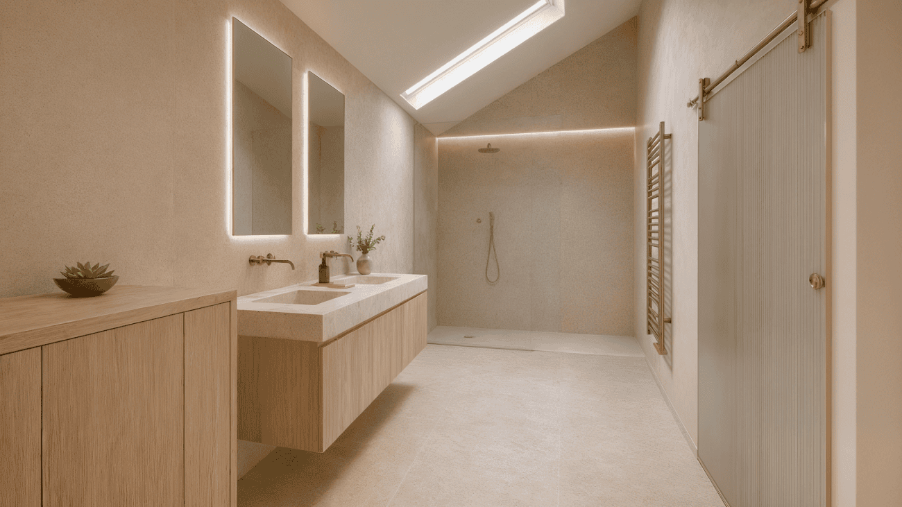 Minimalistisches Badezimmer mit Dachfenster