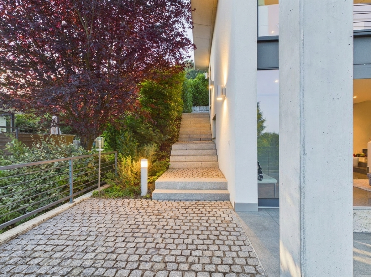 Moderner Außenbereich mit Treppe und Garten