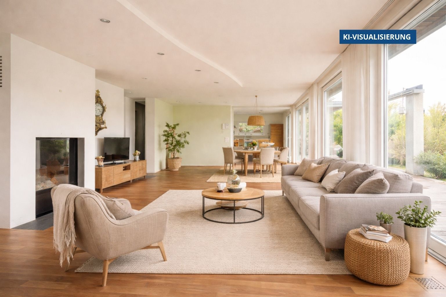Heller, offener Wohn-Essbereich mit Kamin und Gartenblick