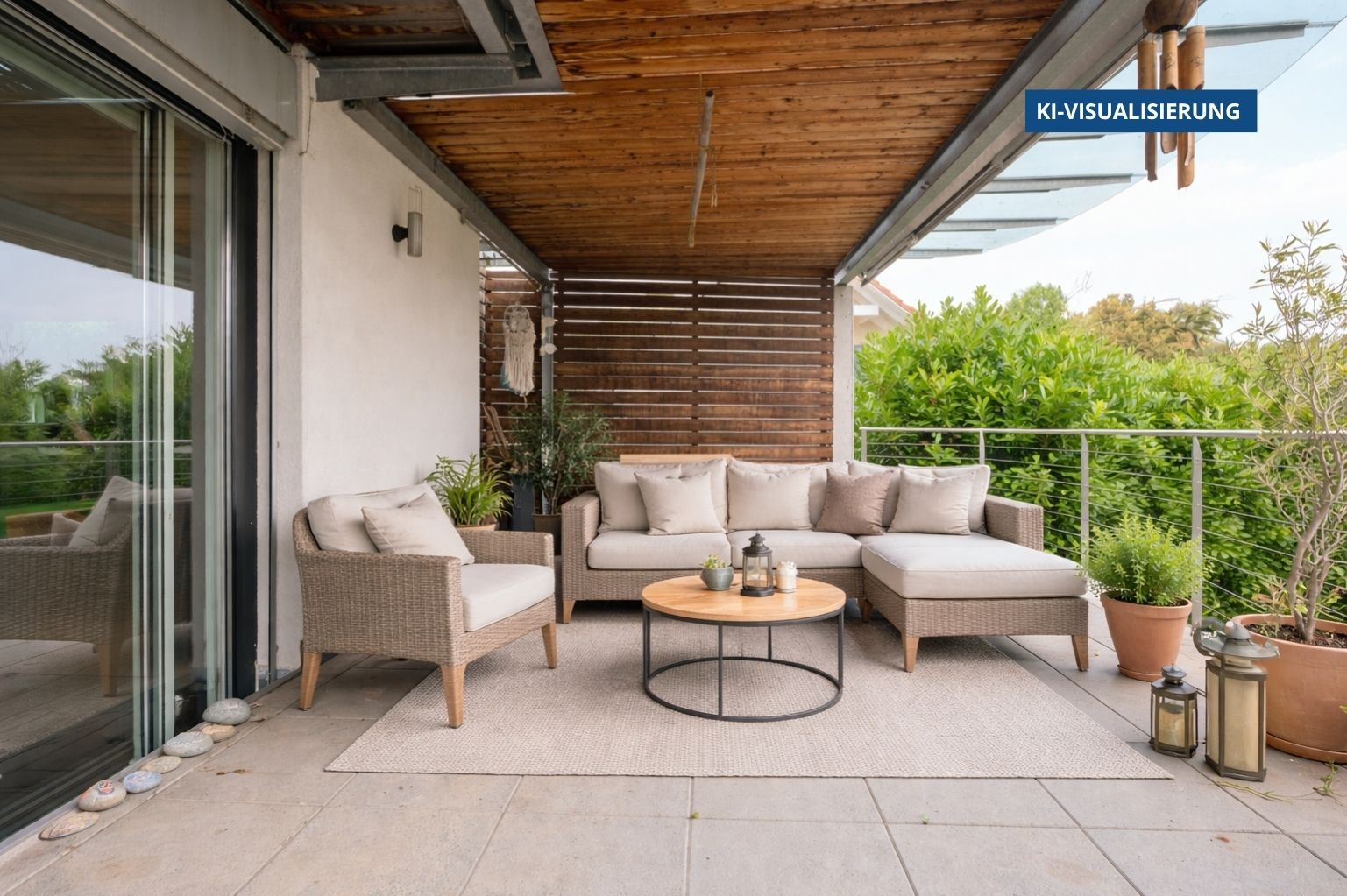 Überdachte Dachterrasse mit Lounge-Möbeln