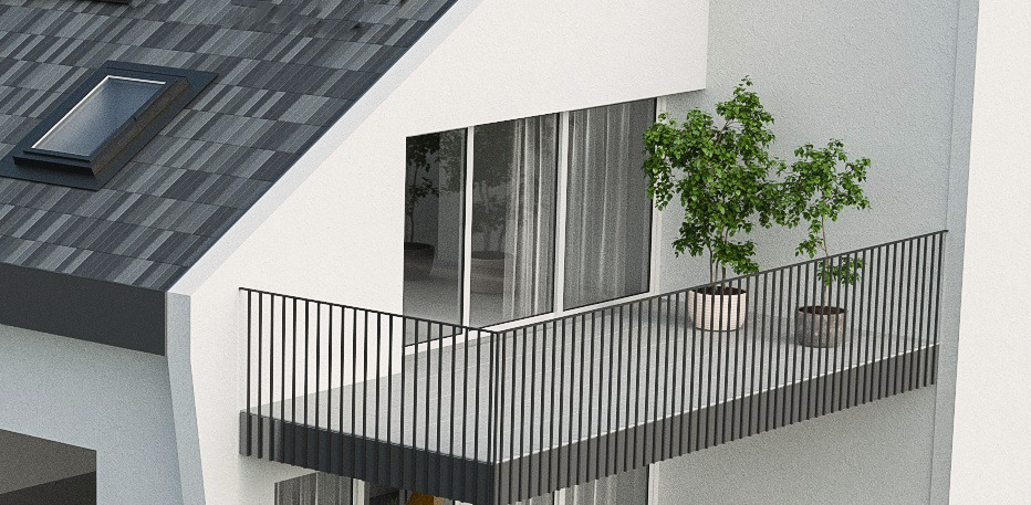 Moderne Dachterrasse mit Balkon und großen Fenstern